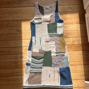 Artistic Patchwork Midi Dress in Blue and Green